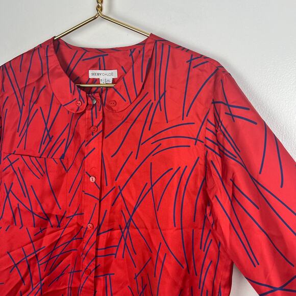 See by Chloé Red Silk Blouse Peter Pan Collar Button Down Long Sleeve US 6 - Picture 7 of 7